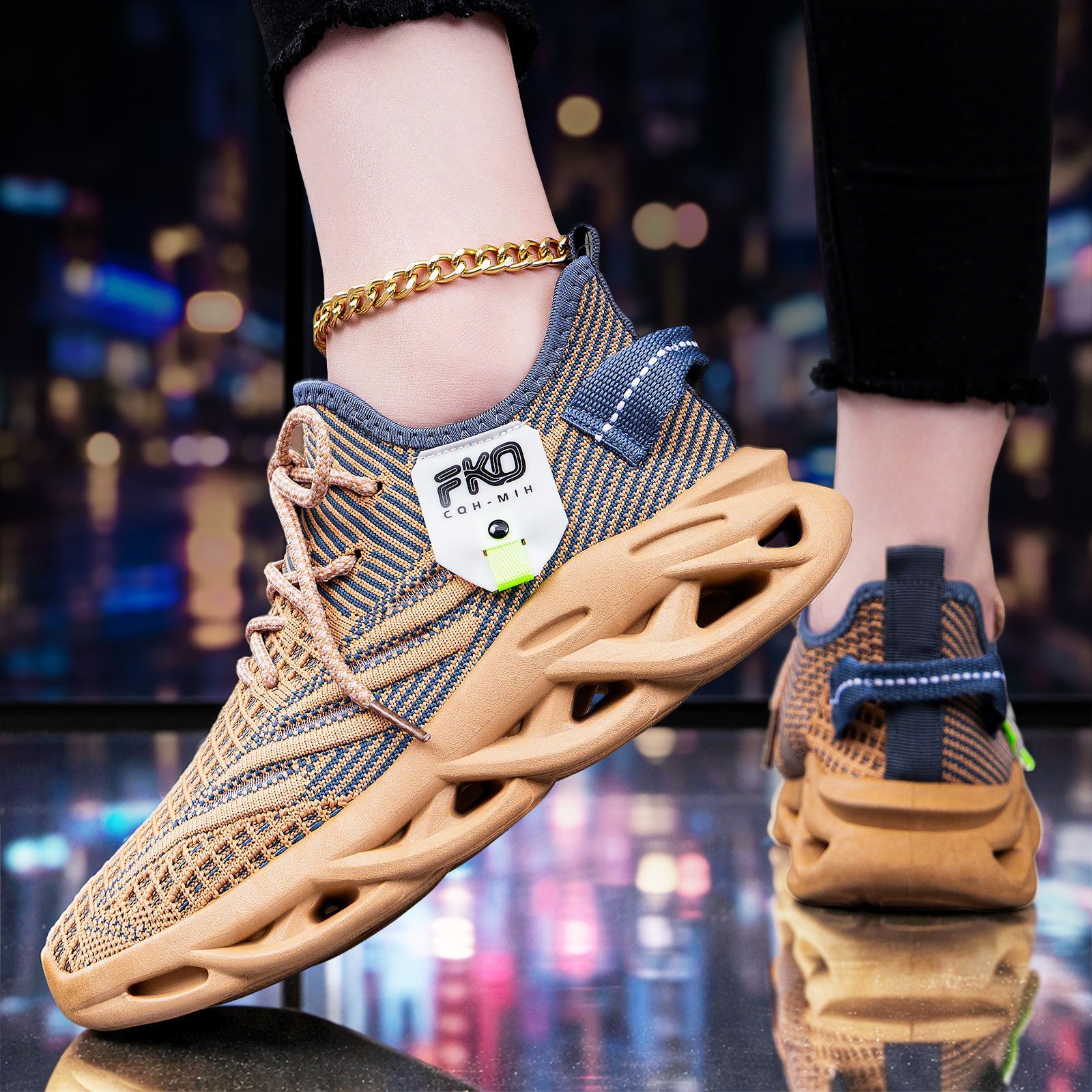Knit Fabric Lace Up Sneakers - Men's Breathable Knit Sneakers Blade Sole